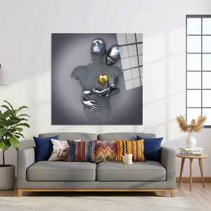 Modern Glass <b>Wall</b> Art: Silver Hugging Couple, Gold Heart Printed <b>Canvas</b>,TEMPERED GLASS ART - Product Image 3