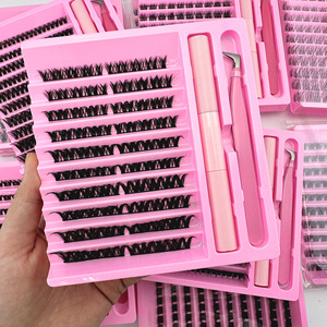 Kit de pestañas postizas, 144 pares, rizadas, gruesas, con tallo de algodón negro, con pegamento y pinzas para extensión DIY - Product Image 1