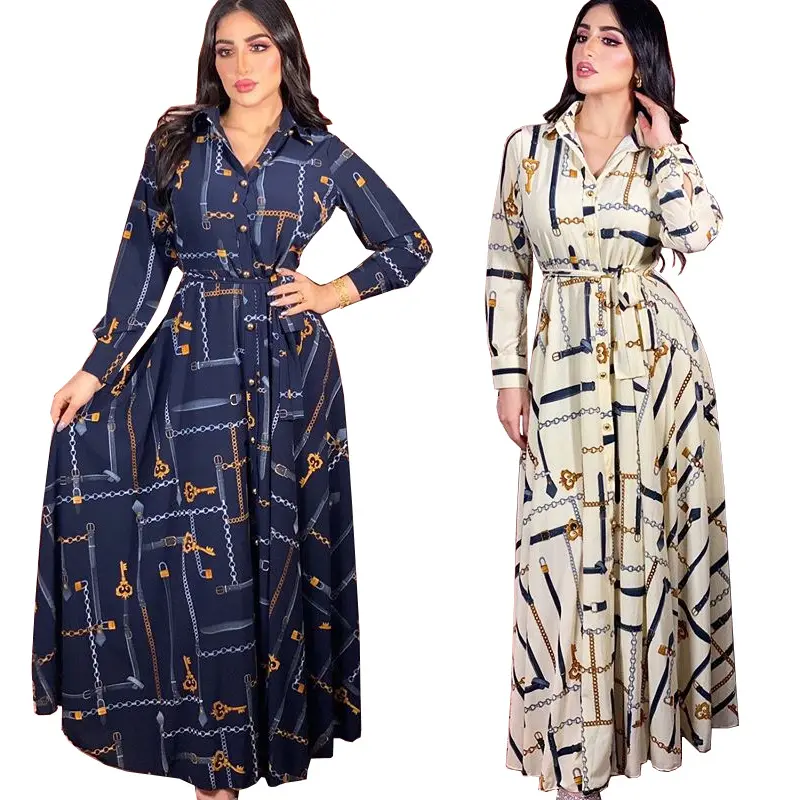 Women Casual Dress Middle East American and European Printed Muslim Elegant Casual Dresses