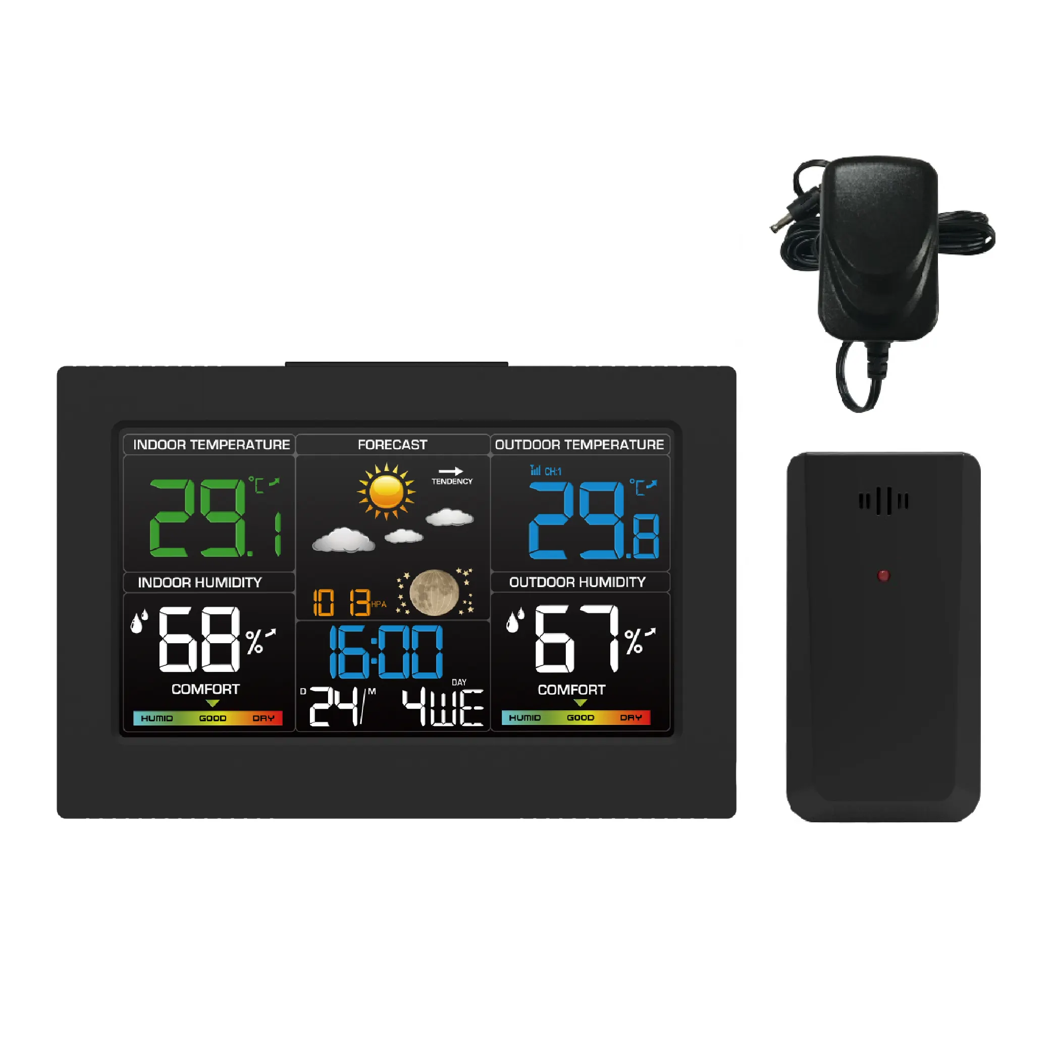 Wireless color weather station consumer electronics with barometer indoor outdoor temperature and humidity conform index