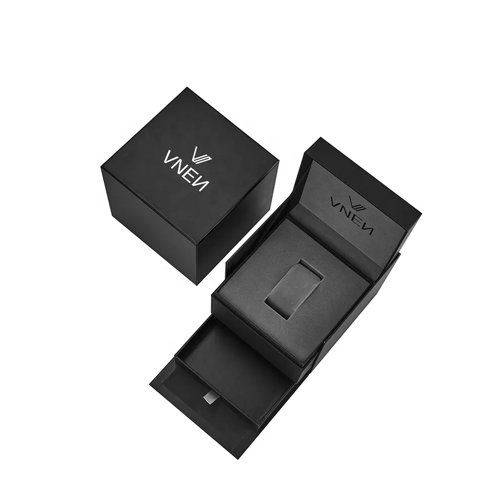 Kotak Jam Tangan Karton Tutup Berengsel Kertas Kulit Hitam Matte Mewah Premium dengan Logo