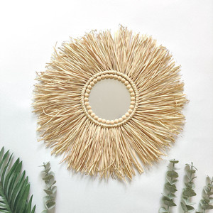 <span class=keywords><strong>Espejo</strong></span> <span class=keywords><strong>de</strong></span> <span class=keywords><strong>rafia</strong></span> bohemio para decoración del hogar, decoración <span class=keywords><strong>de</strong></span> pared con bolas <span class=keywords><strong>de</strong></span> madera, 45cm, gran oferta - Product Image 1