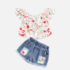 Vêtements d'été pour enfants, haut à épaules dénudées et short en jean, ensemble 2 pièces pour fille de 4 ans - Product Image 1