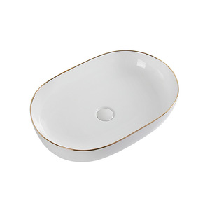 Lavabo redondo personalizado <span class=keywords><strong>pequeño</strong></span> de cerámica blanca brillante, lavabo de encimera, lavabos de baño <span class=keywords><strong>con</strong></span> línea dorada, barato - Product Image 3