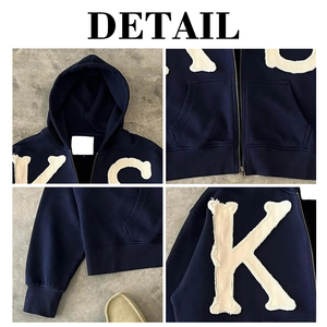 เสื้อฮู้ดดี้ครอปทรงโอเวอร์ไซส์ แต่งลายปักแบบดิสเทรส ซิปหน้า สไตล์สตรีทแวร์ ดีไซน์ขอบดิบ สำหรับผู้ชาย - Product Image 4