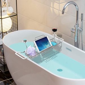 New 304 Stainless Steel Bathtub Caddy Tray Expandable Bath Organizer Tub Shelf for Reading with Book and Wine Rack, Candleholder