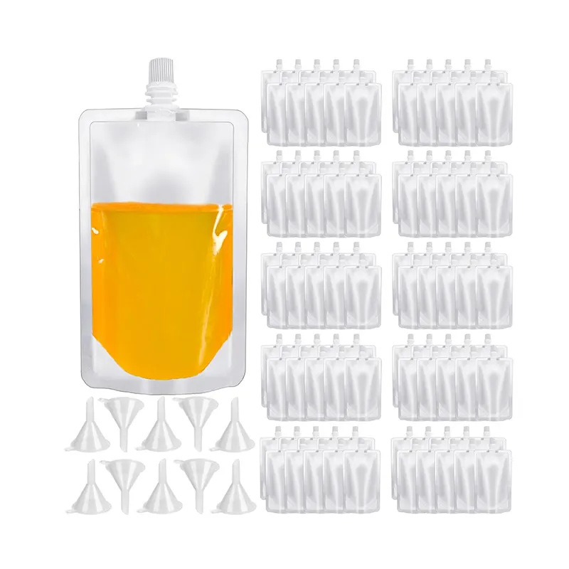 Embalagem plástica de tamanho personalizado, saco transparente transparente para bebidas e suco de água, saco com bico de apertar com bico