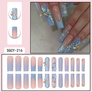 24 Uds flor <span class=keywords><strong>azul</strong></span> mariposa brillante <span class=keywords><strong>Rosa</strong></span> largo cuadrado <span class=keywords><strong>uñas</strong></span> postizas diseño estilo Press-on Stick-on Nails para dedos - Product Image 2