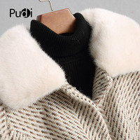 A68247 Damen Langer Fischgrätmuster Wollmantel Nerzpelzkragen Lammfellfutter Winddichte Winter Warme Fleecejacke