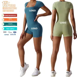Custom 1 Piece Yoga Bodysuit Women Short Sleeve Fitness Jumpsuit Rompers Biker Short Sport Outfit Women Bodycon Yoga Jumpsuit