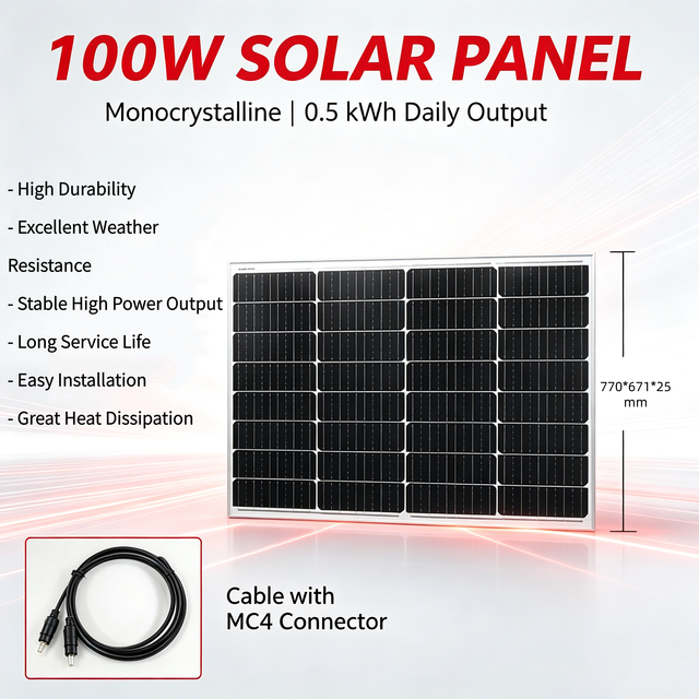 High-Efficiency 100W Rigid Monocrystalline Solar Panel Waterproof Aluminum Frame Solar Module for RV Camping Off-Grid System