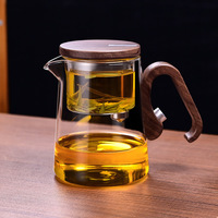 Teko Teh Kaca Pemisah Air Magnetik, Gagang Motif Kayu, Kaca Borosilikat Tinggi, Teko Infuser dengan Filter Satu Tombol untuk Teh Daun