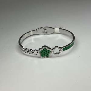 Stainless Steel <b>Bangle</b> With Green Enamel Clover Design <b>For</b> Women Fine Jewelry - Product Image 1