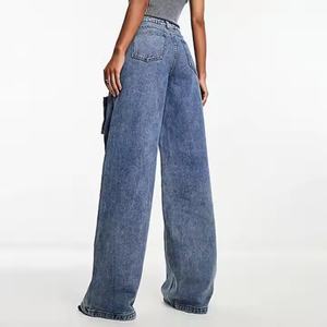 Jean évasé vintage taille haute pour femme, pantalon décontracté en denim mi-mollet, multi-poches, coupe large, respirant, couleur unie - Product Image 2
