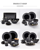 P & T Ensembles de vaisselle Assiettes de restaurant en porcelaine noire Ensembles d'assiettes Vaisselle avec motif Ensembles de vaisselle modernes