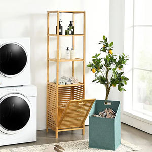 Custom Bamboo Wooden Bathroom Storage Rack Stainless Steel Laundry Cloth <strong>Hamper</strong> Basket <strong>Tower</strong> Organizer for Organizing Your Space - Product Image 3