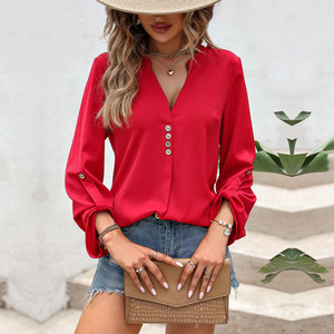 Nueva Camisa de Mujer a la Moda con Cuello en V, Estilo Casual, Manga Larga, Color Sólido, con Botones, Talla Grande, Holgada - Product Image 2