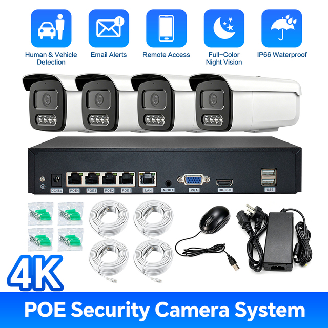 4CH 4K POE NVR Surveillance System Outdoor IP66 POE IP Camera AI Human Vehicle Detection Full Color Night Vision CCTV Camera Kit