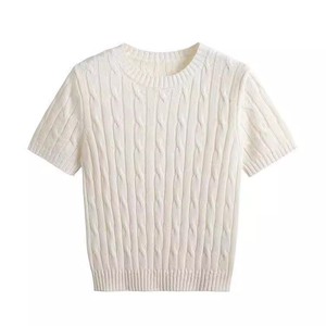 여성 여름 얇은 반팔 니트 셔츠 회색 텍스처 패턴 한국 레트로 레터 자수 레귤러 핏 탑 - Product Image 5