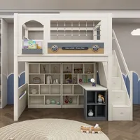 Lit mezzanine de luxe JS pour adolescents, lit mezzanine pour enfants, durable et confortable, structure en bois massif avec échelle, armoire et toboggan