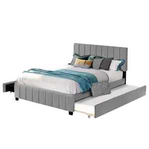 Latest Arrival Bedroom Furniture Velvet Material Upholstered Modern Elite Trundle And Drawer Bed Queen Size In Grey Colour
