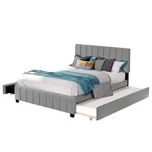 Neueste Ankunft Schlafzimmer möbel Samt material Gepolstert Modern Elite Trundle und Schubladen bett Queen Size In Grey Farbe