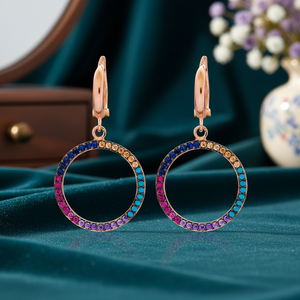 Hollow Round Shape <b>Earring</b> Round Charm <b>Dangle</b> <b>Earring</b> Rainbow Stone Design Turkish Wholesale 925 Sterling <b>Silver</b> Jewellery - Product Image 2
