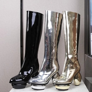 Women Round Ball Heels Silver Patent Knee High Boots Thick Platform Side Zipper Unique Styles Long <b>Booties</b> Custom Design Shoes - Product Image 4