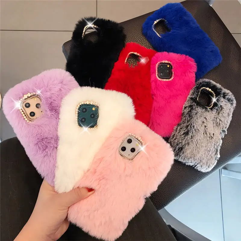 Cute Rabbit Fur Phone Case For iPhone 11 Pro Max XR XS Max X 6 6S Plus Bling Diamond Back Cover For iPhone 11 XR 7 8 Plus 11 Pro