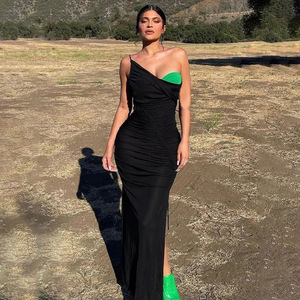 Vestido de Noche Largo Asimétrico de Un Solo Hombro con Malla Transparente, Diseño de Cintura Natural y Estilo Collage, Inspirado en la Moda Europea y Americana - Product Image 1