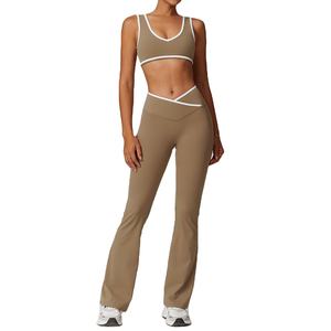 Kadın Spor Giyim Nefes Alabilen Düz Renk Kontrast Biyeli İki Parçalı Set Sütyen Pantolon Fitness Atletik Spor Salonu Yoga Kıyafeti Ropa Deportiva Mujer - Product Image 4