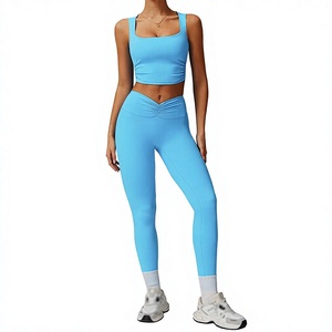 Ensemble de yoga pour femmes, haut court bleu, leggings taille haute, sans couture, en spandex et polyester, vêtements de sport deux pièces, longueur intégrale - Product Image 3