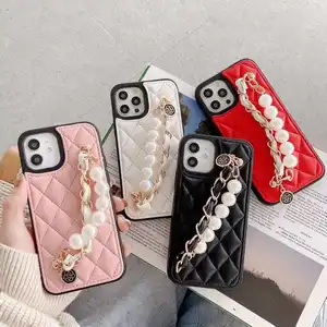 Leather Pearl Wrist Band Hand Chain Flower Pendant phone case for iphone 11 13 12 14 PRO MAX case with leather handle