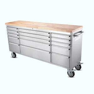 Hyxion 72 Inch 15 Drawers 4 Caster Rubber Wood Work Top Rolling Tool Chest For Home Garage