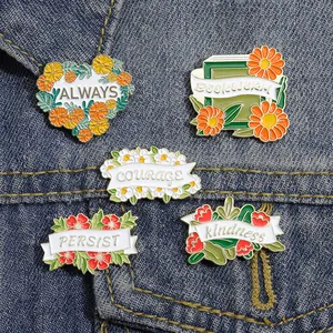 Mini MOQ Flower Series Enamel Pins Courage Kindness Persist Brooches Lapel Badge for Backpack, Clothes Funny Jewelry Gift