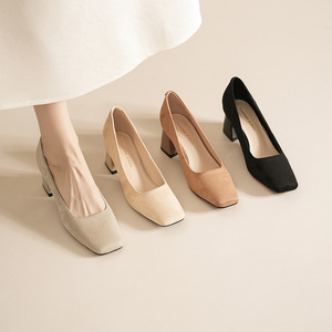 5688C Square Toe Pumps Suede <b>Block</b> Heel Medium Height Office Shoes Breathable Women's Daily Wear - Product Image 1