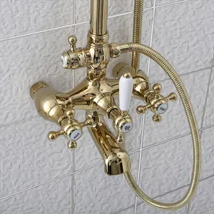 Direct Sale Retro Brass Body Rain Shower Head With Wall-Mounted Bathroom Shower Panel Set