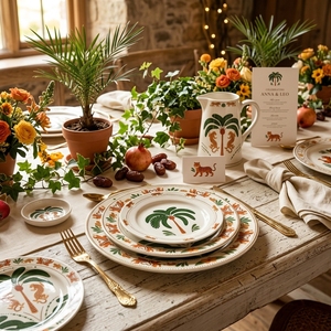 Ensemble de vaisselle en céramique de luxe, motif tigre de la jungle, léopard, palmier tropical, vaisselle en porcelaine rétro, assiette ronde pour salade et dessert - Product Image 6