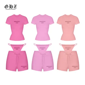 Z 2024 Custom Embroidered logo women loungewear tank top short sleeve string bikini shorts soft Cotton Rib shorts 3 piece set