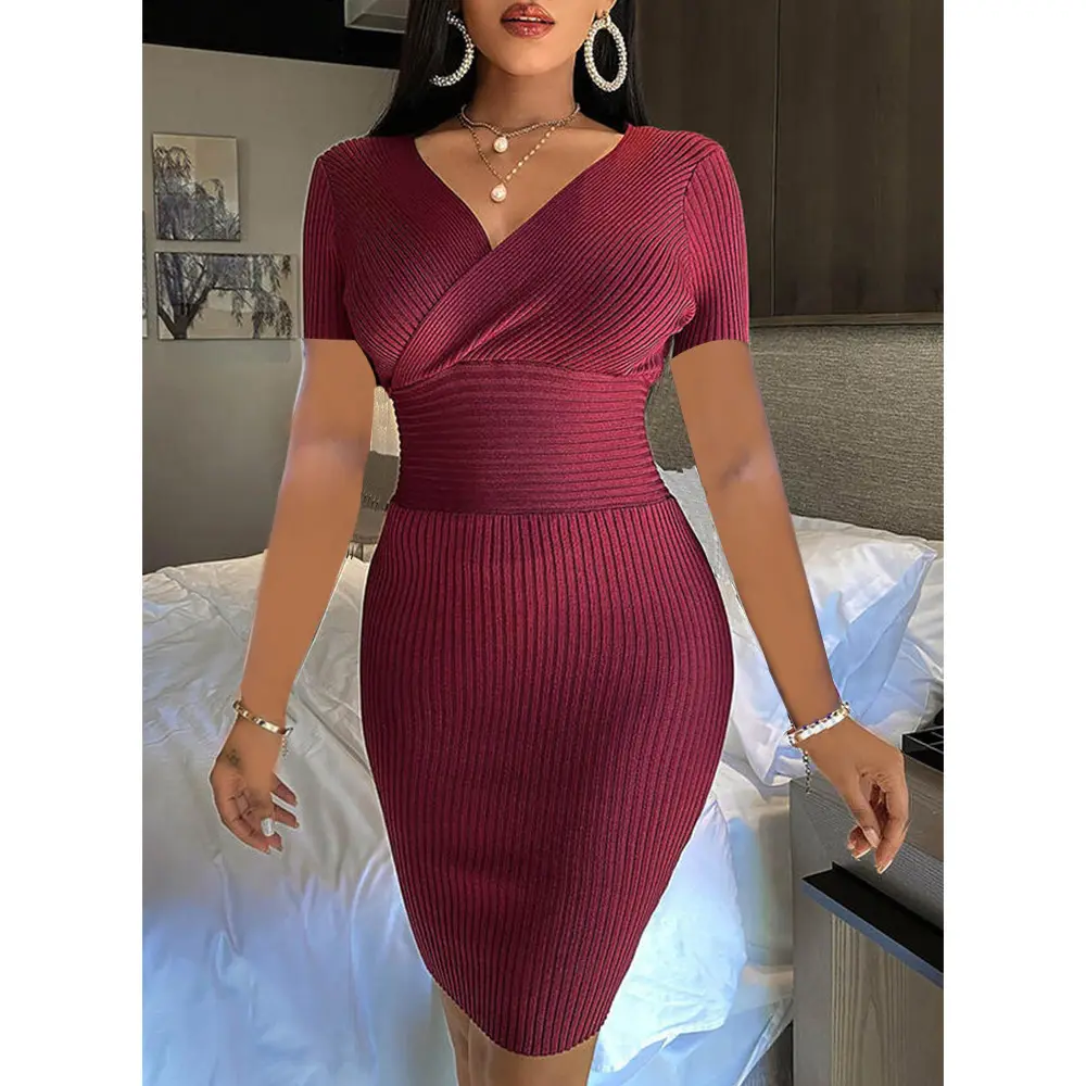 Sexy V Neck Women Plus Size Solid Color Fashion Women Casual Knit Bodycon Dress Winter Knitted Sweater Dress