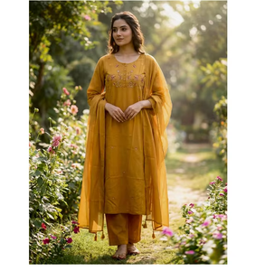 Conjunto de Kurta y Pantalón de Algodón Floral Color Ocre Mostaza, Informal, Transpirable, Suave para la Piel, de Secado Rápido, Sin Arrugas, Ropa Étnica para Mujer - Product Image 1