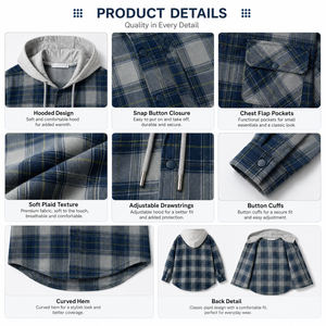 Chemise-veste à carreaux à capuche pour garçons 2026, en mélange de coton, décontractée, boutonnée, pour enfants et adolescents, style shacket, vêtement d'extérieur superposé - Product Image 4