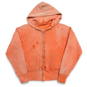Men Oversized Zip Up <b>Hoodie</b> Fleece Solid Color Hooded Casual Streetwear Garment Dyed Dripping Effect Regular Sleeve - Product Image 4
