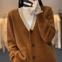 Kardigan Rajut Wanita Elegan Baru 100% Wol Murni, Warna-warni, Hangat, Model V-neck, Laris Manis