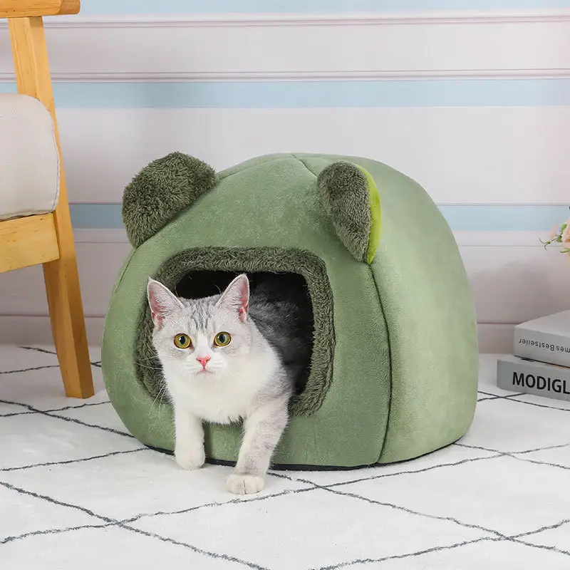 Rumah hewan peliharaan lucu, tempat tidur kucing semi tertutup hangat musim dingin anak anjing kecil tempat tidur hewan peliharaan hangat mewah gua kucing