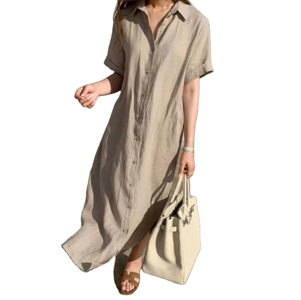 2024 New Digital Printing Women Blouse Long Sleeve Button Loose Shirts Linen Long Dress Women Blouses Casual Clothes