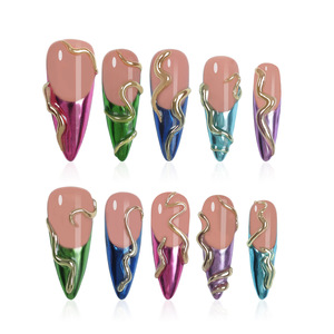Faux ongles à presser Chrome French |   Ongles artificiels 3D en forme de fleur olive <span class=keywords><strong>orange</strong></span> |   Faux ongles de fête faits à la main de luxe - Product Image 1