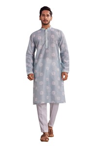 Traditional Casual Wear India Pakistan Style <b>Kurta</b> <b>Men's</b> Gray Printed Cotton <b>Kurta</b> Regular Fit Ankle-Length for <b>Mens</b> - Product Image 1