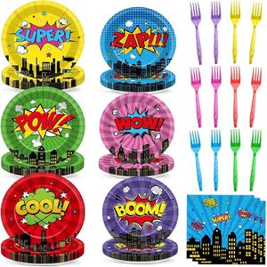 Assiettes, serviettes et fourchettes de fête super-héros multicolores en papier, décorations d'anniversaire héros de bande dessinée, vaisselle à thème <span class=keywords><strong>action</strong></span> - Product Image 1