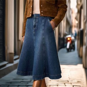 Falda vaquera de punto lavada con cintura natural, transpirable, estilo vintage, con bolsillos cargo, para mujer, casual, corte A, acampanada, mini, ideal para verano. - Product Image 2